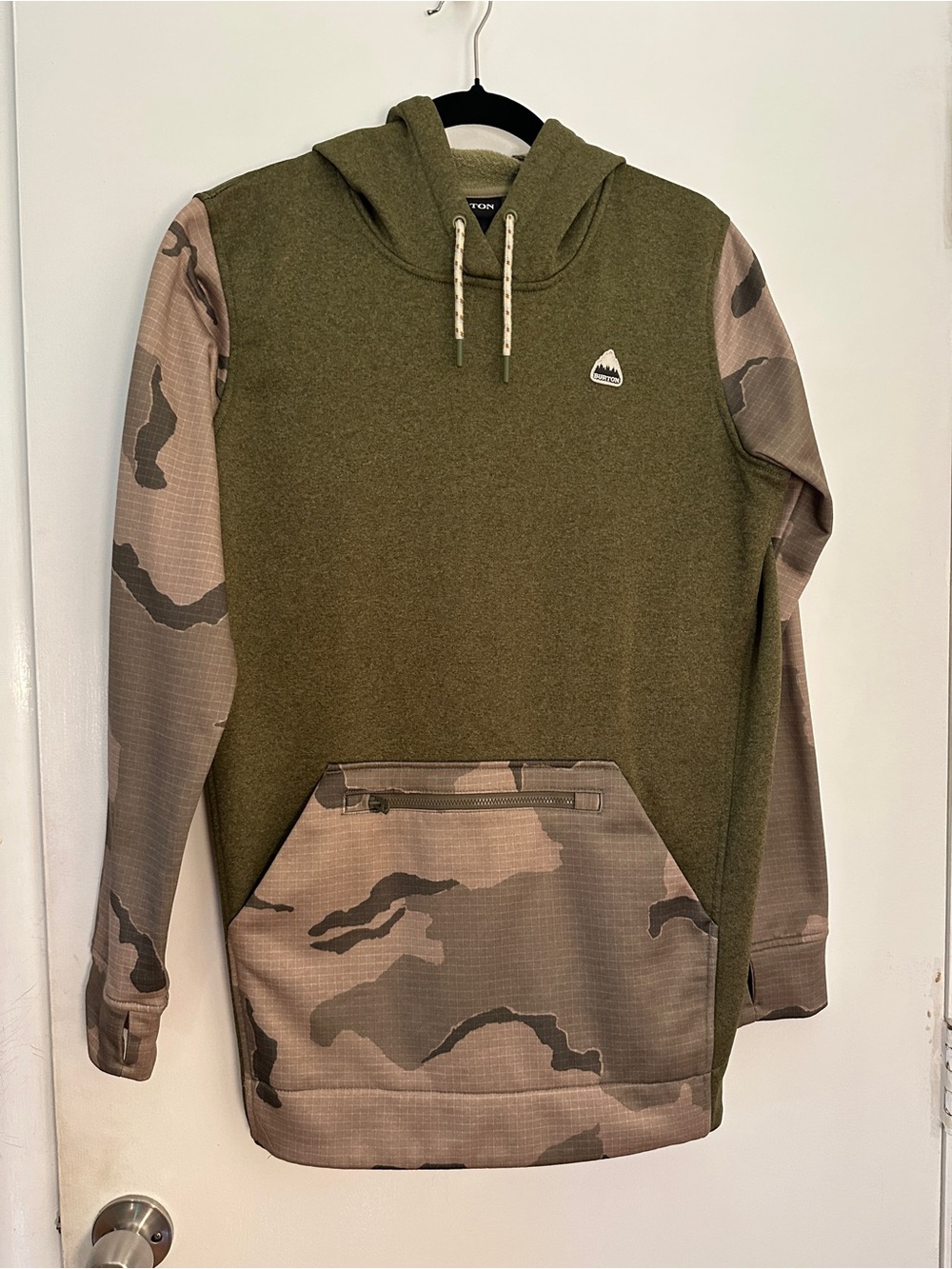 Burton Snowboards Olive Green Hoodie with Camo Sleeves and Pocket
